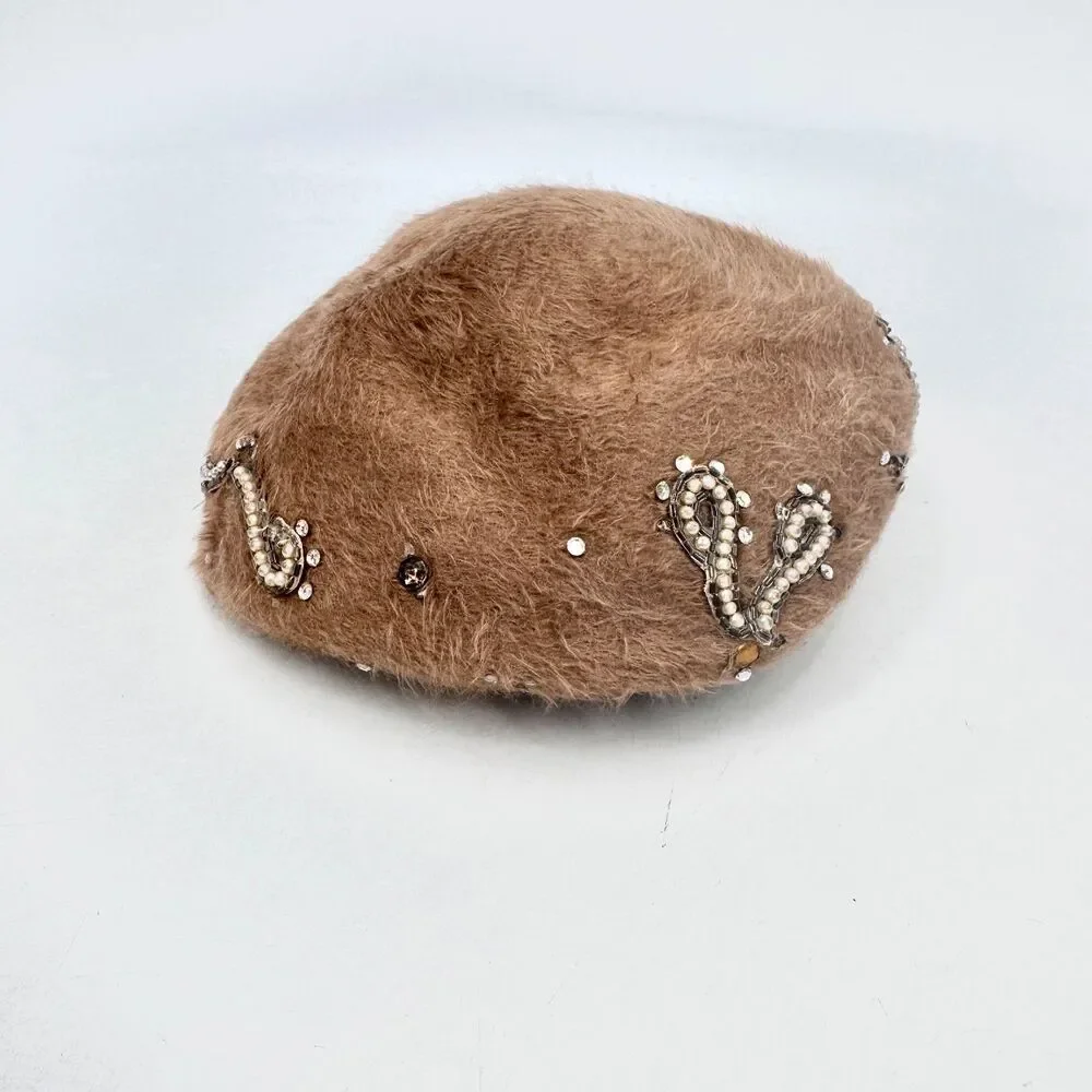 VEEDA LOUISA Tan Beige Vintage Bejeweled Beret Hat